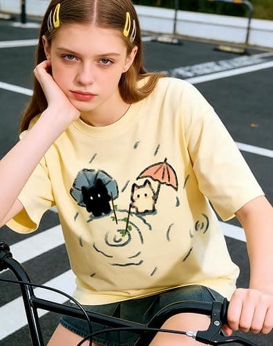 Womens Y2K Kawaii Cat Print T-Shirt Casual Oversize Cutecore Harajuku Tops Summer Short Sleeves Round Neck T-Shirts thumbnail 5
