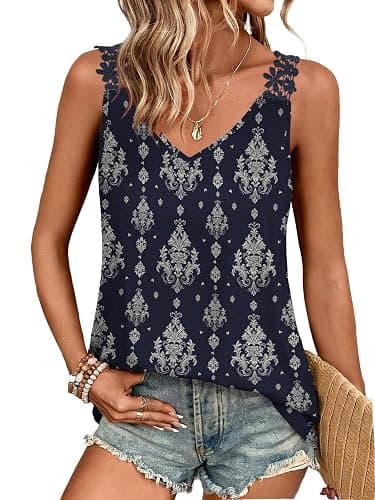 Sipaya Tank Tops for Women Spring Fashion Sleeveless V Neck Lace Tops Flower Flowy Summer Outfits Beach Vacation Clothes thumbnail 5