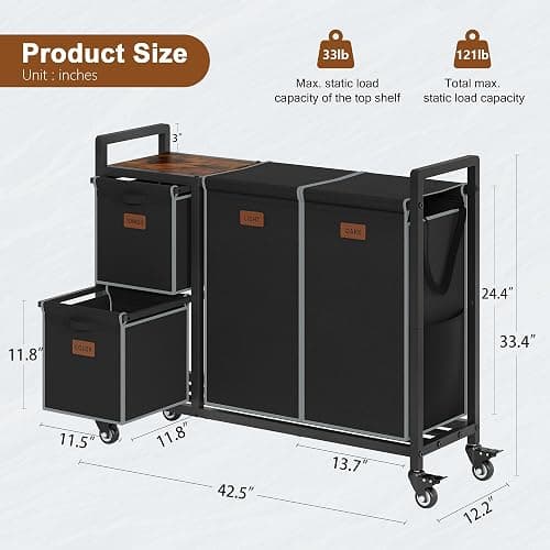 Hoctieon 4 Section Laundry Cart, 48 Gal. (182L) Laundry Hamper with Lid, Laundry Basket with Wheels, Rolling Laundry Sorter Organizer with Shelf, Clothes Separator with Removable Bags, Black thumbnail 3
