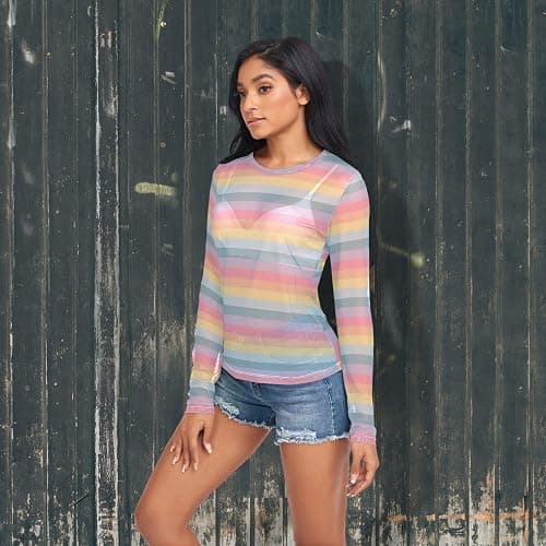 CTYSHTDL Women Mesh Tops Sexy- Sheer Long Sleeve Shirts Crew Neck Going Out Tops Summer Blouses thumbnail 3