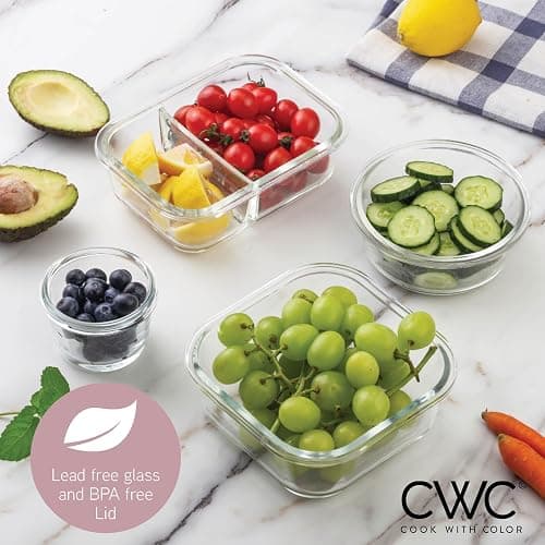 COOK WITH COLOR Premium 32-Pc. Borosilicate Glass Food Container Set with Dividers - 4 Rectangles, 8 Rounds, 4 Squares - Leakproof Lids - Meal Prep, Storage, Pink thumbnail 6