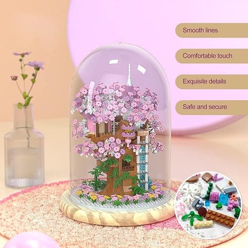 Insgen Cherry Blossom Bonsai Tree House Building Flowers Set for Adults, 1382 Pcs Micro-Particle Ideas Sakura Tree Building Blocks, Complete with String Lights, Dust Cover, and Wooden Base thumbnail 6