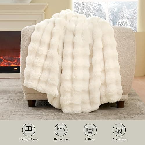 Amélie Home Faux Fur Throw Blanket for Couch, Fuzzy Soft Plush Thick Bubble Blanket for Sofa Bedroom Living Room, 50"x60" Inches, Cream White thumbnail 2