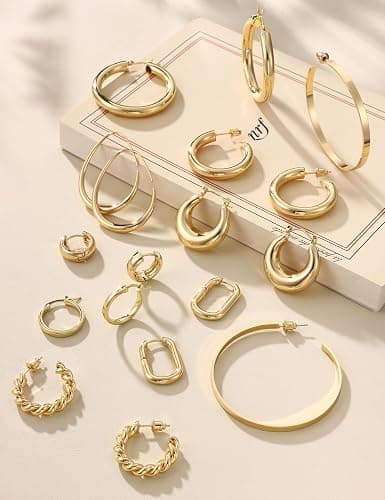 ORAZIO Gold Plated Chunky Hoop Earrings Set for Womens Trendy Silver Dainty Huggie Stacks Lightweight Hoops Earring Tarnish Free Jewelry for Women thumbnail 9
