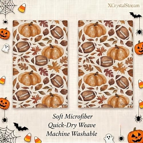 Fall Football Kitchen Towels Set of 2, Pumpkin Leaves, 18 x 26 in | Set of 2 fall kitchen towels with football, pumpkin and maple leaf designs for game day or Thanksgiving decor thumbnail 4