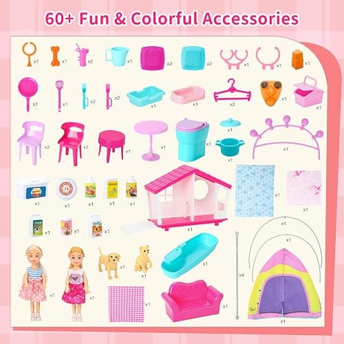 Style Shine Doll House Portable & Foldable Dollhouse w/ 60+ Pcs & 2 Dolls, Play House Toy with Bedroom Kitchen Pet House Camping Playset, Playhouse Birthday Gift for Girl Kid Toddler thumbnail 7