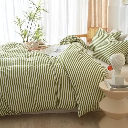 mixinni Striped Comforter Set Twin XL Size - Green White Stripes Pattern Bed Set for All Season, 3 Pieces Lightweight Bedding Comforter Sets for All Seasons (1 Soft Fluffy Comforter + 2 Pillowcases) thumbnail 5