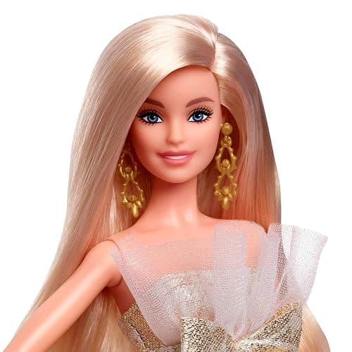 Barbie Signature 2025 Holiday Blonde Fashion Doll Wearing Silver & Gold Gown, Seasonal Collector in Displayable Packaging & Stand thumbnail 4