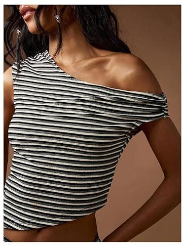 Milumia Women's 2 Piece Outfits Striped Off The Shoulder Short Sleeve Top Skinny Shorts Set thumbnail 3
