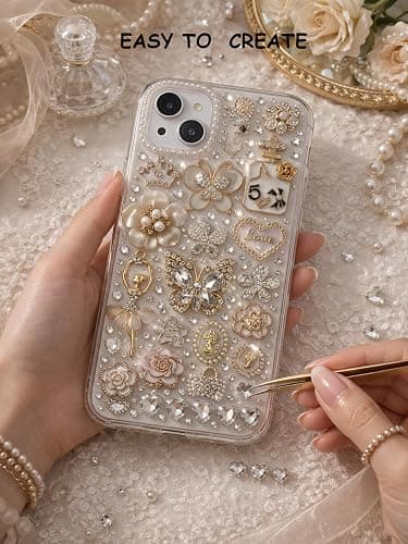 AVELICE Junk Case Large Charm Kit, White Phone Case Charms with Large Rhinestone Butterfly,Alloy Dancer&Flower, Camellia and Assorted White Floral Charms for DIY Girls & Social Media Crafting thumbnail 7