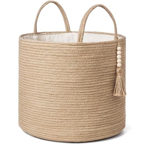 Mkono Woven Storage Basket Decorative Natural Rope Basket Wooden Bead Decoration for Blankets,Toys,Clothes,Shoes,Plant Organizer Bin with Handles Living Room Home Decor, Jute, 16" W × 13.8" L - Image 1