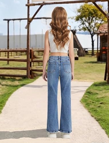 Peakpride Girls Jeans Flare High Elastic Waist Denim Pants Bell Bottom Stretch Cute Y2K Streetwear with Pockets 7-14Y thumbnail 9