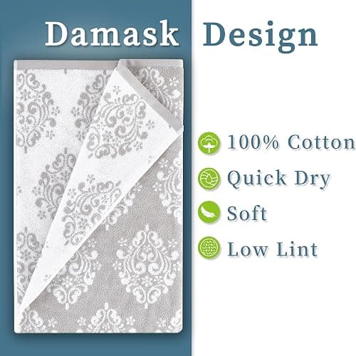 Towels for Bathroom - 100% Cotton | Soft | Quick Dry | Light Weight | Absorbent, 4 Hand 16"x27", 2 Bath 28"x52", Towel Set of 6, Grey Towels Bathroom Sets, Gray Damask Patterned Towels, Gray and White thumbnail 4