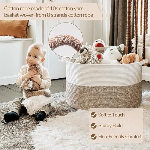 INDRESSME Large Laundry Basket, 21.7'' x 13.8'' Cotton Rope Blanket Basket Living Room Toy Baskets Storage Kids, Woven Baskets for Dirty Clothes, Pillows, Towel, 90L Light Brown thumbnail 4