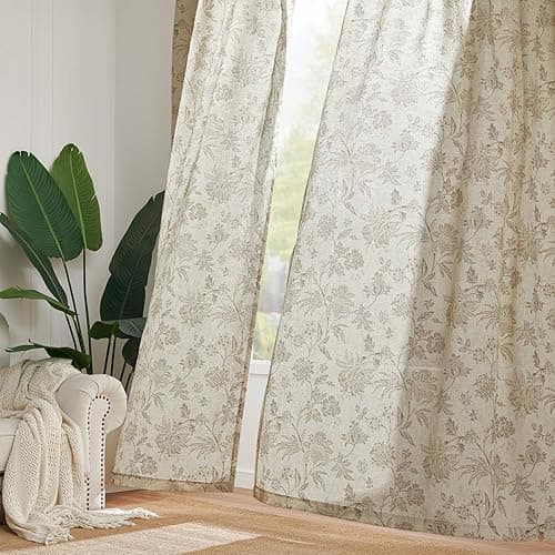jinchan Linen Floral Curtains for Living Room with Printed Flower 63 Inches Long Light Filtering French Country Back Tab Rod Pocket Taupe Window Curtain Set Farmhouse Drapes 2 Panels Taupe thumbnail 8