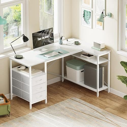 Huuger L Shaped Office Desk with Power Outlets, 47 Inch Computer Desk with 3 Drawers, Shelves, for Gaming, Corner Work, Home Office, Study, White thumbnail 2
