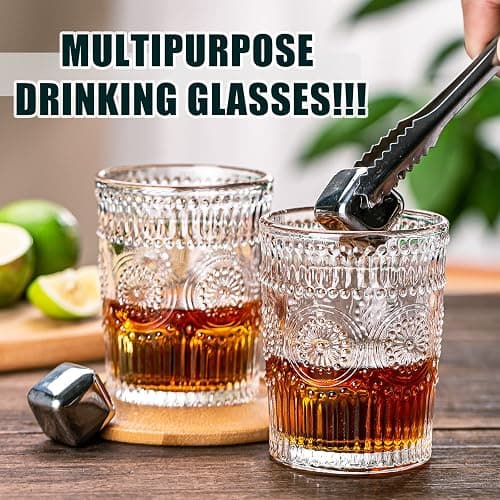 wookgreat Vintage Drinking Glasses Set of 12, Textured Clear Striped Glass Cups-6 Highball Glasses 13oz & 6 Rocks Glasses 10oz, Ribbed Glassware Set, Mojito Cups, Cocktail Glass, Iced Coffee Cup thumbnail 6