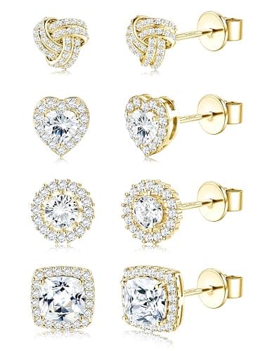 ZELORES 4 Pairs Sterling Silver CZ Stud Earrings for Women 14K Gold Plated Brilliant Celtic Heart Big Stud Earrings Set Cubic Zirconia Earrings Studs for Sensitive Ear - Image 1