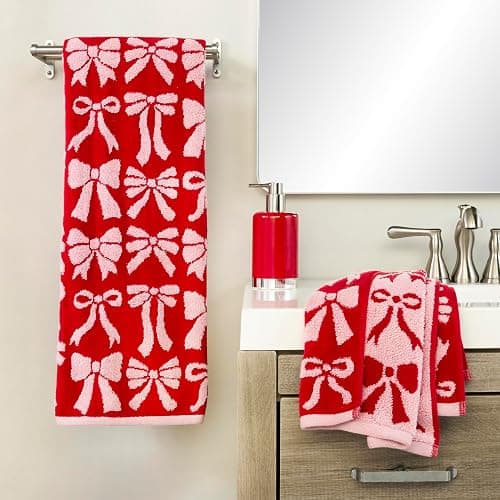 SKL Home Bow Jacquard 100% Cotton Premium 2-Piece Hand Towel Set, 500 GSM, Reversible, Soft & Absorbent, Everyday/Christmas/Winter/Valentine's, Decorative for Bath/Kitchen/Bar, Red/Pink thumbnail 6
