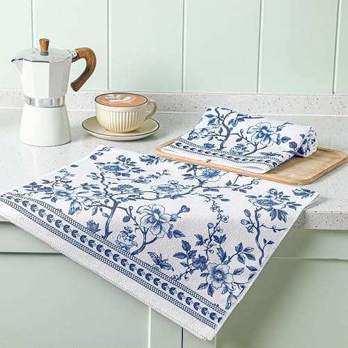 HunnmingRe 2 Pcs Chinoiserie Floral Kitchen Towels Blue White Flowers Dish Towels 18 x 28 Inch Vintage Farmhouse Cottage Decor Toile De Jouy Dish Microfiber Hand Drying for Bathroom French Country thumbnail 6