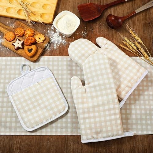Patelai 7 Pcs Buffalo Check Dish Towels Pot Holders Oven Mitts Set Cotton Plaid Kitchen Dish Towels Non-Slip Heat Resistant Oven Mitts and Pot Holders for Cooking Baking (Light Yellow with White) thumbnail 2