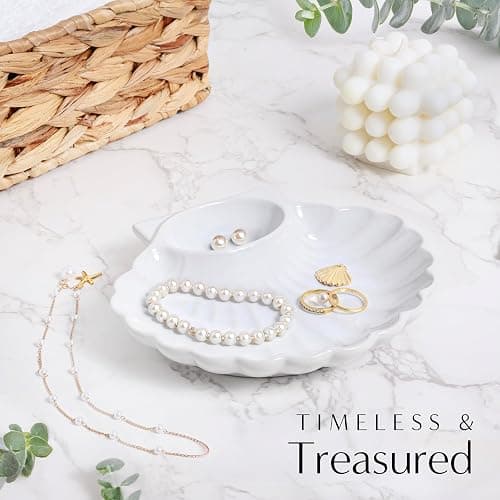 Large Seashell Jewelry Dish Trinket Tray for Women, White Ceramic Trinket Dish, Seashell Ring Holder, Cute Shell Jewelry Holder for Coastal Cowgirl, Coastal Granddaughter Room Decor, Stockholm Style thumbnail 6