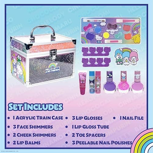 Hello Kitty & Friends - Townley Girl Train Case Makeup Set for Kids, Includes Lip Gloss, Eye Shimmer, Nail Polish, Brushes, and More! Perfect for Parties, Sleepovers, and Makeovers. Non-Toxic, Ages 3+ thumbnail 2