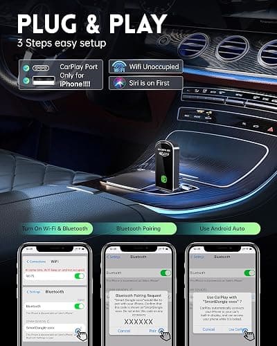 Wireless CarPlay Adapter for Apple iPhone iOS 10+ & Cars from 2015+, Mini Edition, Converts Factory Wired to Wireless CarPlay Dongle Plug & Play (Brushed Cobalt Blue) thumbnail 3