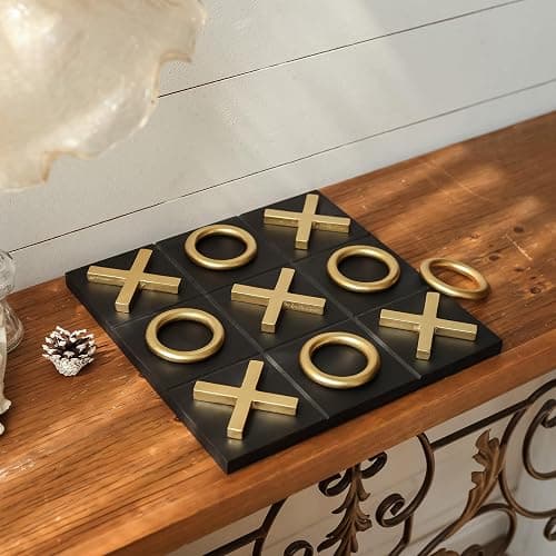 NIKKY HOME 12x12 Inch Tic Tac Toe Wood Game Board Classic Coffee Table Decor Modern Wooden Travel Game for Family, Black & Gold - Black thumbnail 4