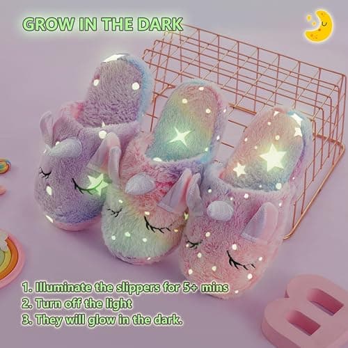 HIBCIGA Kids Fuzzy Slippers for Girls Boys Unicorn Glow in the Dark Plush Fleece Warm Indoor Shoes thumbnail 4