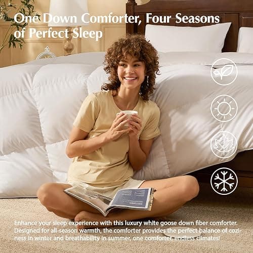 Pacific Coast Goose Feather Down Fiber Comforters Queen Size, Extra Fluffy White Duvet Insert, Ultra-Soft, Breathable, All Season Hotel Luxury Bedding Comforters, 8 Corner & Center Loops (90"x90") thumbnail 5