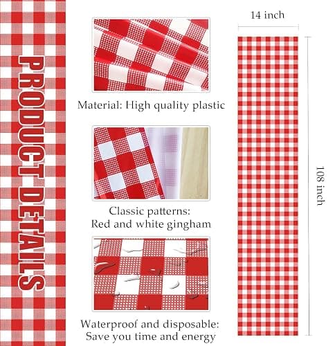 MUNILAIL 6 Pcs Red and White Checkered Table Runner Plastic 14 x 108 Disposable Gingham Table Runner for Birthday Wedding Baby Shower Christmas Party Table Centerpiece Decorations thumbnail 3