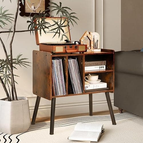 UODERS Record Player Table, Mid-Century Record Player Stand with Vinyl Storage Hold Up to 150+ Albums, Vinyl Record Cabinet with Adjustable Shelves, Wood Turntable Stand for Music Living Room (Brown) thumbnail 10