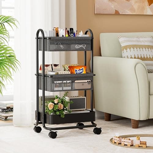 Baby Diaper Caddy Organizer Cart - 3 Tier Rolling Storage Cart with Wheels, Baby Essentials for Nursery Storage, Detachable Dividers - for Crib, Bedroom, Art & Craft Organizer (Dark Grey) thumbnail 2