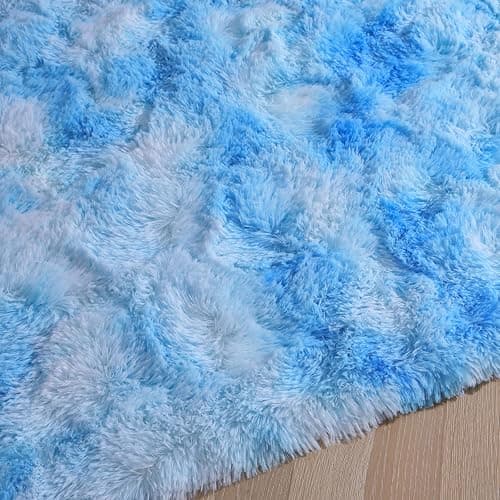 DweIke Fluffy Blue Shag Rugs for Bedroom Living Room, 3x5 Feet Soft Plush Tie-Dyed Light SkyBlue Girls Boys Kids Rug, Upgraded Non-Slip and Machine Washable Carpet for Dorm Nursery Classroom Decor thumbnail 4