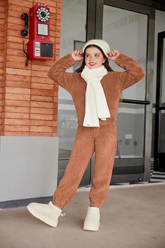 Arshiner Girls 2 Piece Outfits Sweatsuit Fuzzy Long Sleeve Bear Ear Hoodie Sweatshirt and Sweatpant Kids Clothing Sets thumbnail 7