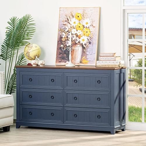 Joaxswe 6 Drawers Dresser for Bedroom, Farmhouse 54 Inch Wide Wood Dresser Chest of Drawers, Vintage Design TV Stand, Rustic Storage Dressers Organizer for Bedroom, Living Room, Hallway - Navy Blue thumbnail 4