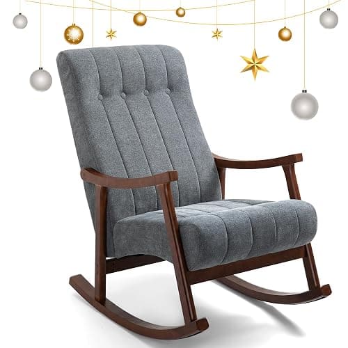 AVAWING Upholstered Rocking Chair with Fabric Padded Seat, Comfortable Rocker Solid Wood for Living Room, Modern High Back Armchair for Adult, Dark Grey - Image 1