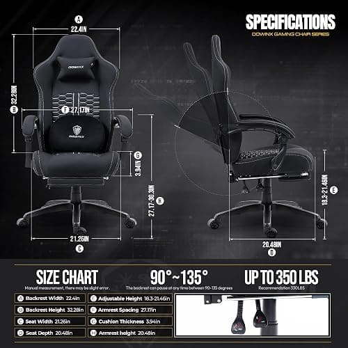 Dowinx Gaming Chair with Heated Massage Lumbar Support,Big and Tall PU Leather Gaming Chairs for Adults with Footrest, Ergonomic Computer Game Chair with Poket Spring Cushions, 350lbs, Bright Black thumbnail 3
