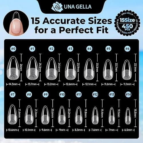 UNA GELLA Gel Nail Tips Almond Shape Medium Pre-etched 450PCS 15 Sizes | Full Cover Soft Gel Almond Press On Nail Tips, Easy DIY Salon Clear Fake False Nail Extensions Long-Lasting Hold thumbnail 8