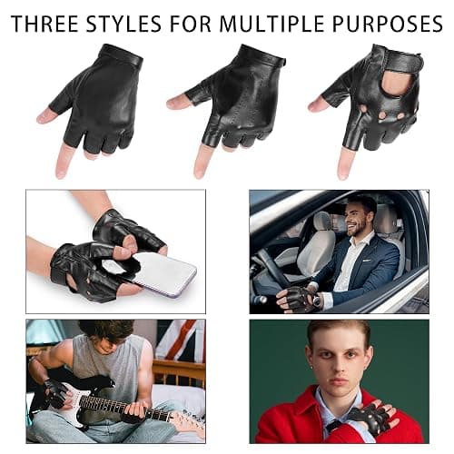 OurHonor Black Fingerless Gloves for Men Women, Halloween PU Leather Half Finger Glove Driving Performance Costume Sport thumbnail 3
