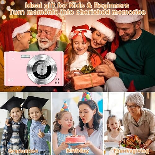 Digital Camera, Camera for Kids, UHD 4K 48MP Point and Shoot Digital Cameras with 64GB SD Card and 16X Digital Zoom Anti Shake, Compact Portable Small Gift for Boys Girls Students, Pink thumbnail 6