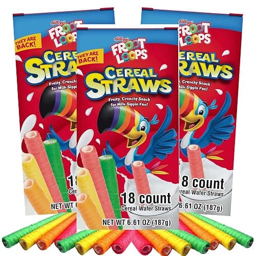 2025 Kellogg's Cereal Straws Froot Loops Edible Breakfast Straw Alternatives for Milk, 90's Childhood Nostalgic Treat for Drinking and Eating, Cereals for Kids, Pack of 3, 18 Count - Image 1