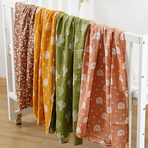 CoolaPeach 4 Set Muslin Swaddle Blankets for Newborn Baby Boys, Girls,Receiving Blankets-Cute Soft Print Baby Towel Wrap 120x110cm Baby(Cactus) - Cactus thumbnail 2