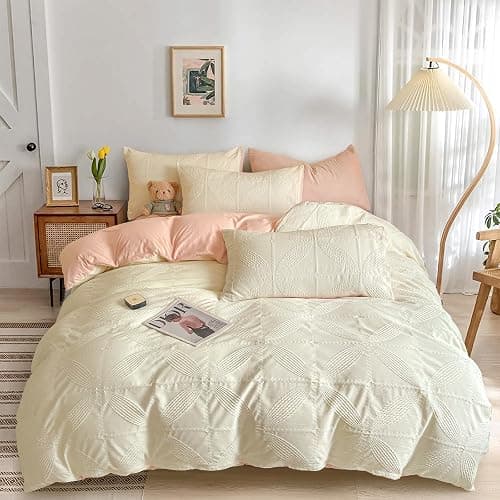 Double Duvet Cover Set White Pink Textured Quilt Bedding Set, Four-Leaf Clover Flower Pattern 3 Pieces Reversible Duvet Cover for All Season thumbnail 3