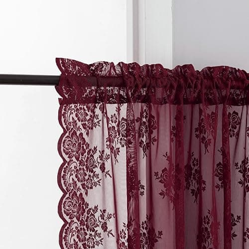 Kotile Burgundy Lace Curtains Short 30 Inch Length 2 Panels Cottagecore Floral Maroon Sheer Kitchen Curtains Over Sink, Rod Pocket Privacy Light Filtering Window Lace Cafe Curtain, 42 x 30 Inch thumbnail 3