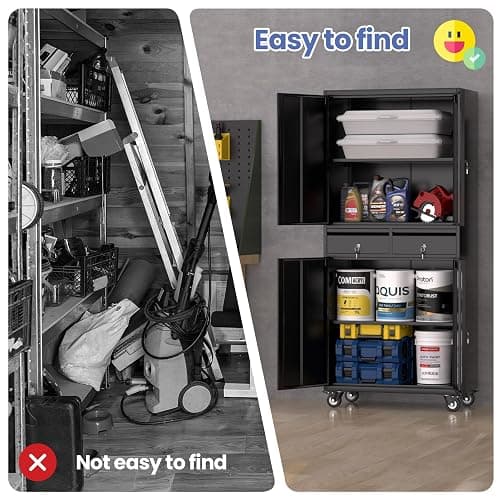 GarveeHome 73'' Metal Storage Cabinet, Heavy Duty Garage Storage with Wheels, Locking Doors and 2 Drawers, Adjustable Shelves, Black thumbnail 7