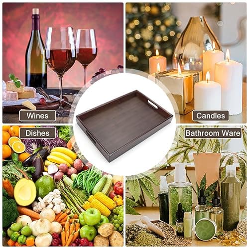 Plateau de service en bois, 37x26x5cm, plateau rectangulaire en bois avec poignées - Plateau de cuisine - Plateau de service - Plateau pour petit-déjeuner, thé, table basse thumbnail 5