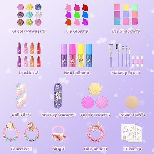 PERRYHOME Kids Makeup Set for Girls, 63 Pcs Washable Non-Toxic Real Cosmetic Toddler Makeup Kit, Unicorn Princess Play Makeup Toys Birthday Gifts, Dress up Time Girl Toys for 3 4 5 6 7 8 9 10 11 12 thumbnail 3