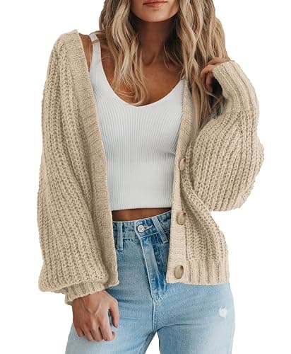 PRETTYGARDEN Women's Chunky Knit Open Front Sweater Long Sleeve Button Loose Short Cardigan Outerwear Coats - Image 1